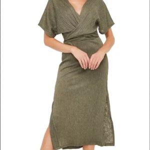 NWT All in Favor Olive Green Wrap Top Dress with Leg Slits
